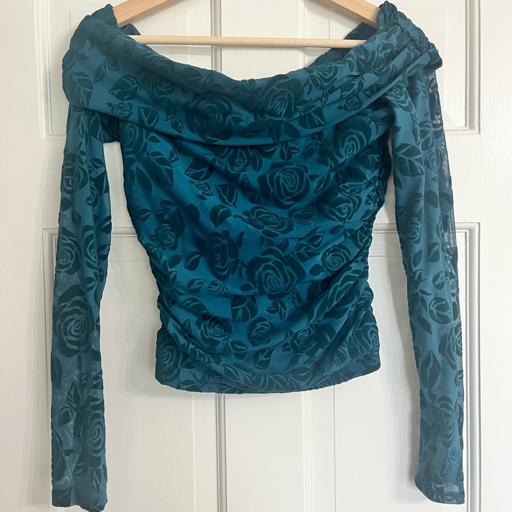 Wild Fable teal floral off the shoulder long sleeve top